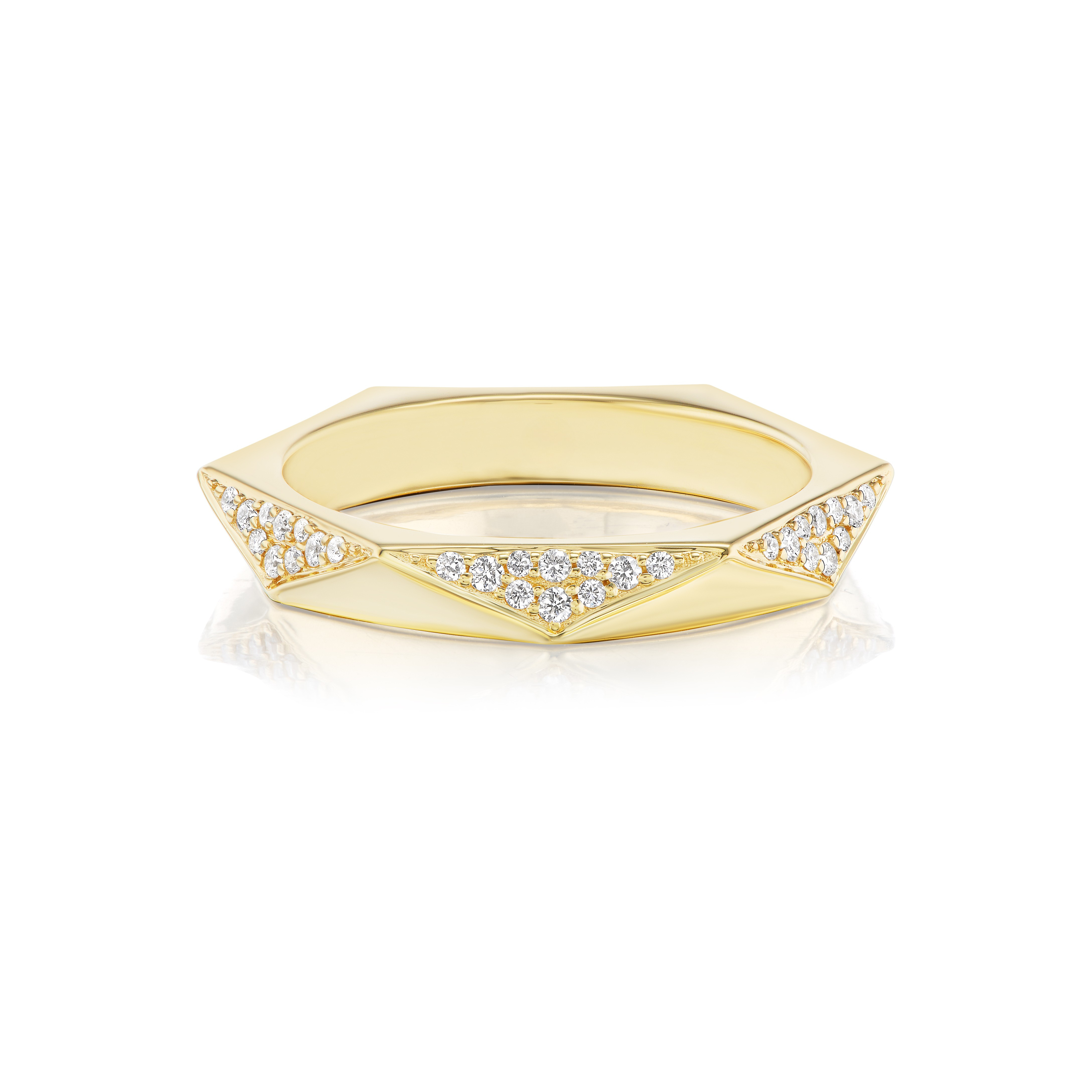 The Triangular Geometric Pavé Band is an 18k gold ring with angular edges, set with SI clarity diamonds in triangular sections along the band, shown against a white background.