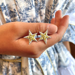 A hand holds Celestial Star Studs in white gold, featuring diamond pavé and yellow kite sapphires. The background displays a blue and white patterned fabric with gold piping.