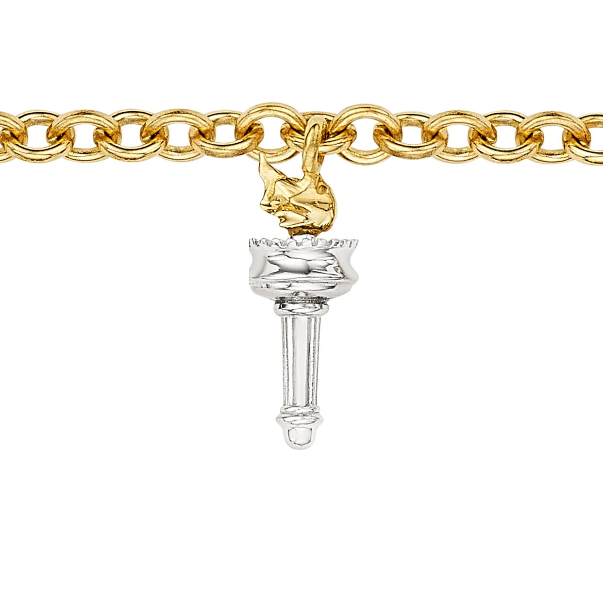 Part of the America250 capsule collection, the America250 Ruby, Pearl, Sapphire, and Diamond Charm Bracelet in Yellow Gold features a pendant inspired by the Statue of Liberty’s torch with gemstone accents.