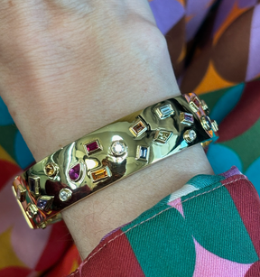 Bespoke Bezel Set Multi Shape Mixed Stone Bangle in Yellow Gold