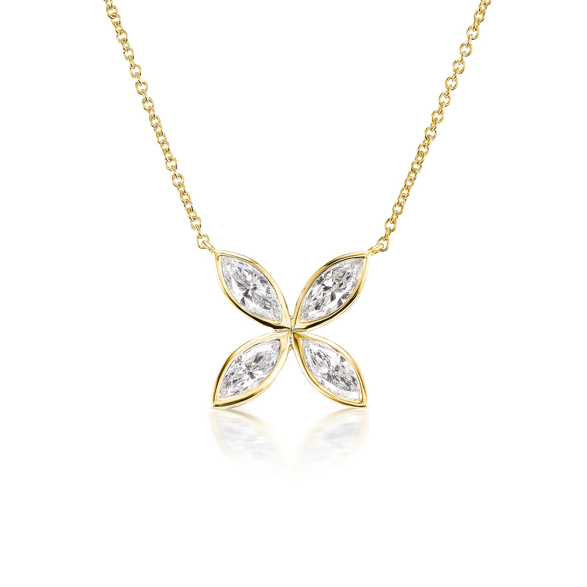The Bezel Set Marquise Diamond Floral Pendant features four marquise diamonds in a symmetrical floral design on an 18k gold chain.