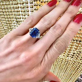 Emerald Cut Sapphire Engagement Ring with Half Moon Diamond Side Stones
