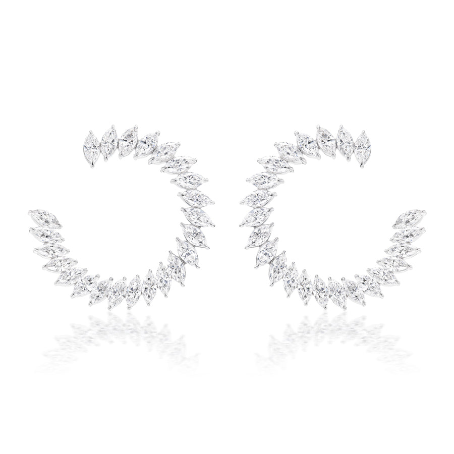The Jumbo Climbing Ivy Hoops in white gold feature open marquise diamond hoops with SI1-SI2 clarity stones in a leafy pattern, crafted from 18k white gold and displayed on a white background.