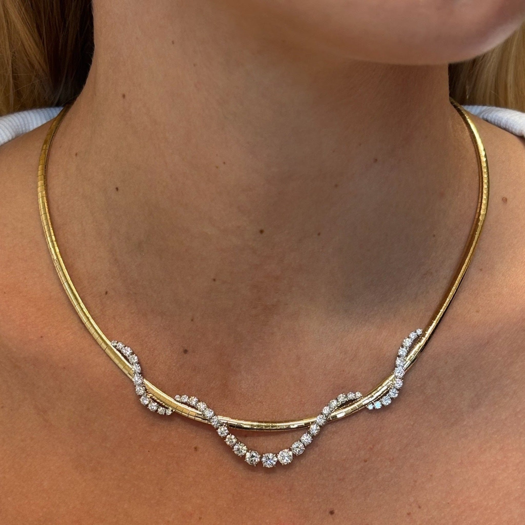 Petite Coil Graduated Round Diamond and Omega Chain Necklace in Yellow Gold and Platinum