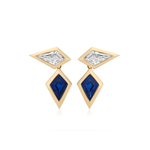 The Double Kite Drops in Yellow Gold feature geometric earrings with 18k yellow gold frames, clear kite-shaped diamonds on top, and blue kite-shaped sapphires below, shown against a white background.