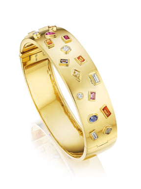 Bespoke Bezel Set Multi Shape Mixed Stone Bangle in Yellow Gold
