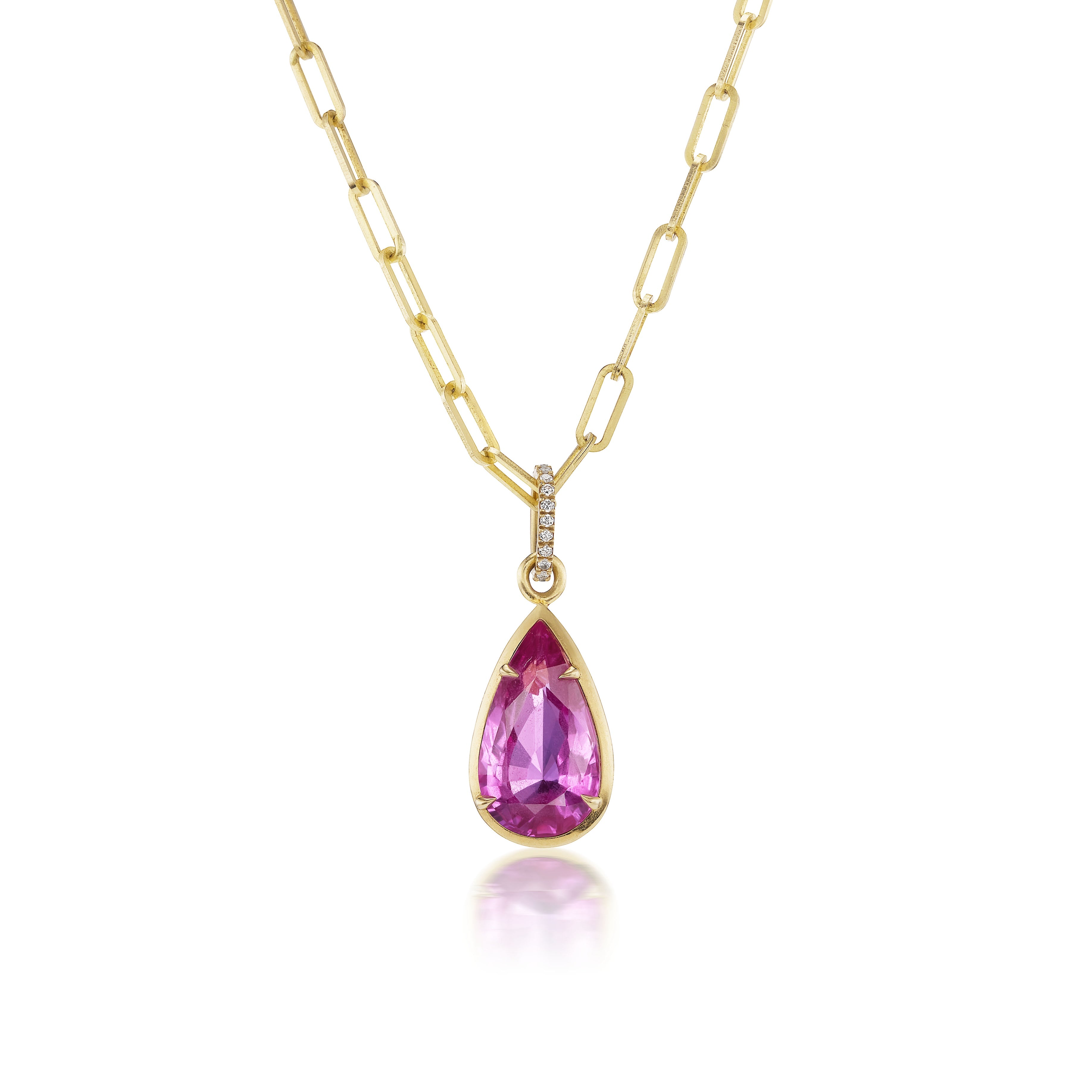Collet Set Pear Shape Pink Sapphire Pendant Chain Necklace in Yellow G