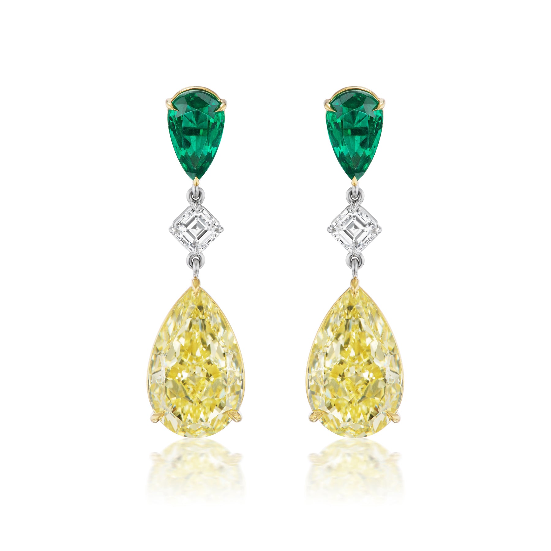 Drop Earrings in Yellow Gold with Pear Shape Emeralds, Yellow Diamonds, and Asscher Cut Diamonds