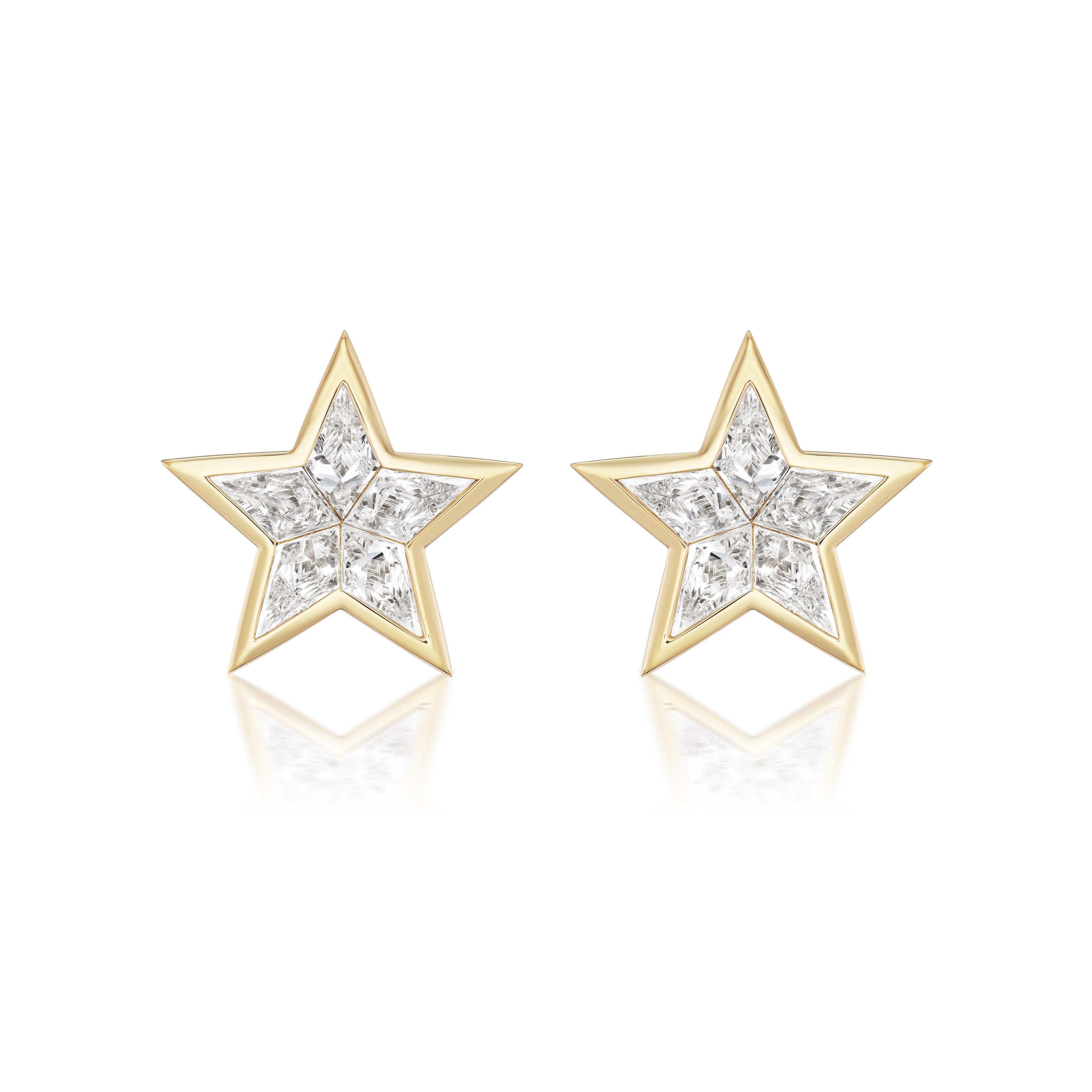 The Bezel Set Kite Diamond Star Studs in Yellow Gold feature five clear gemstones set in a star design, crafted from 18k yellow gold and displayed on a white background.