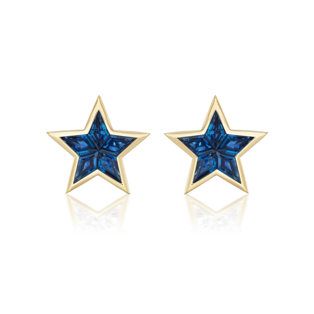 Bezel Set Star Studs in Yellow Gold with Kite Shape Blue Sapphires