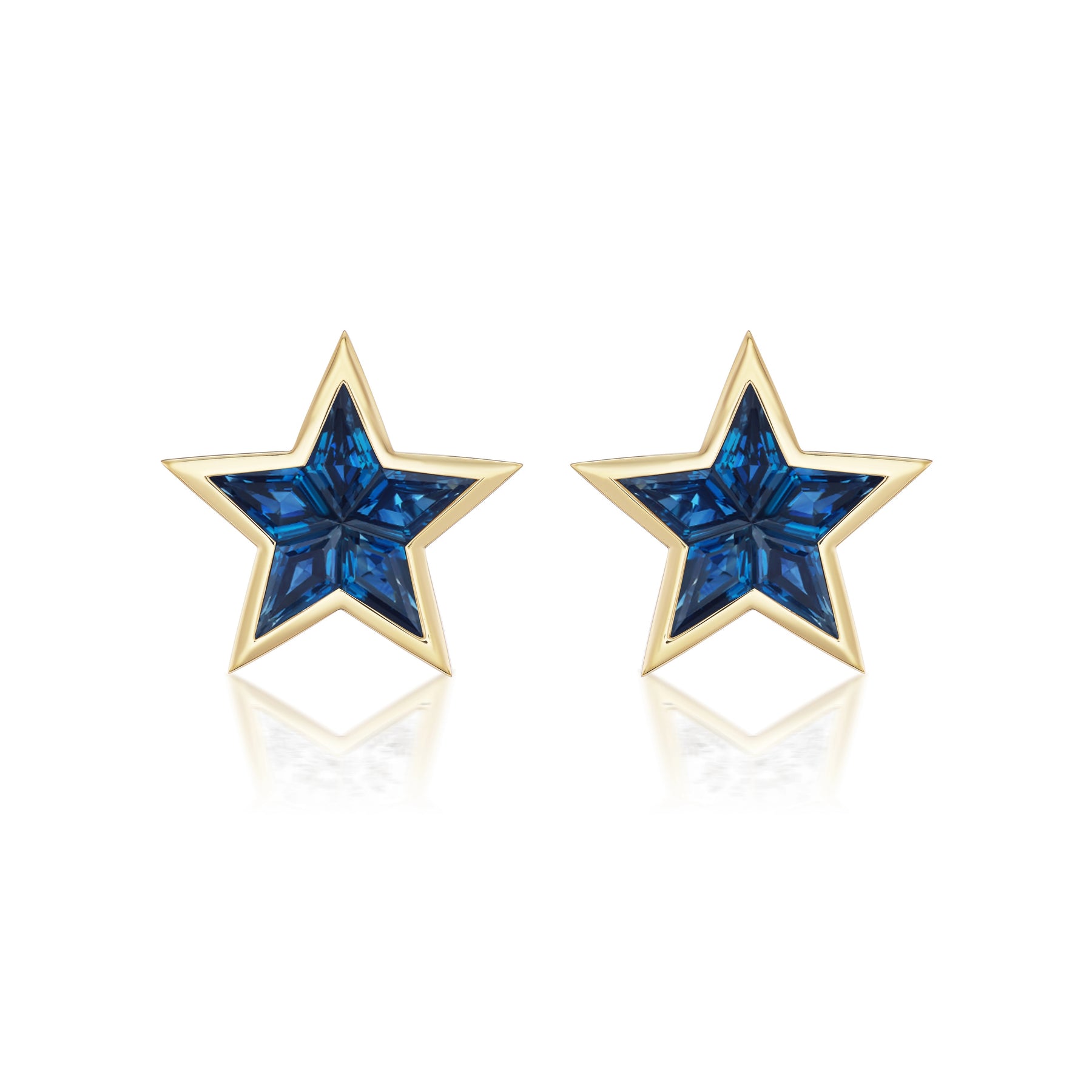 Bezel Set Star Studs in Yellow Gold with Kite Shape Blue Sapphires