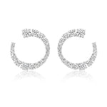 The Wave Round Diamond Front to Back Hoops, crafted in 18k white gold and adorned with sparkling G-H color round diamonds set in a gracefully tapering design, are displayed on a white background with a soft reflection beneath.
