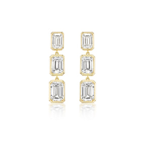 Bezel Set Emerald Cut Diamond Drop Earrings in Yellow Gold