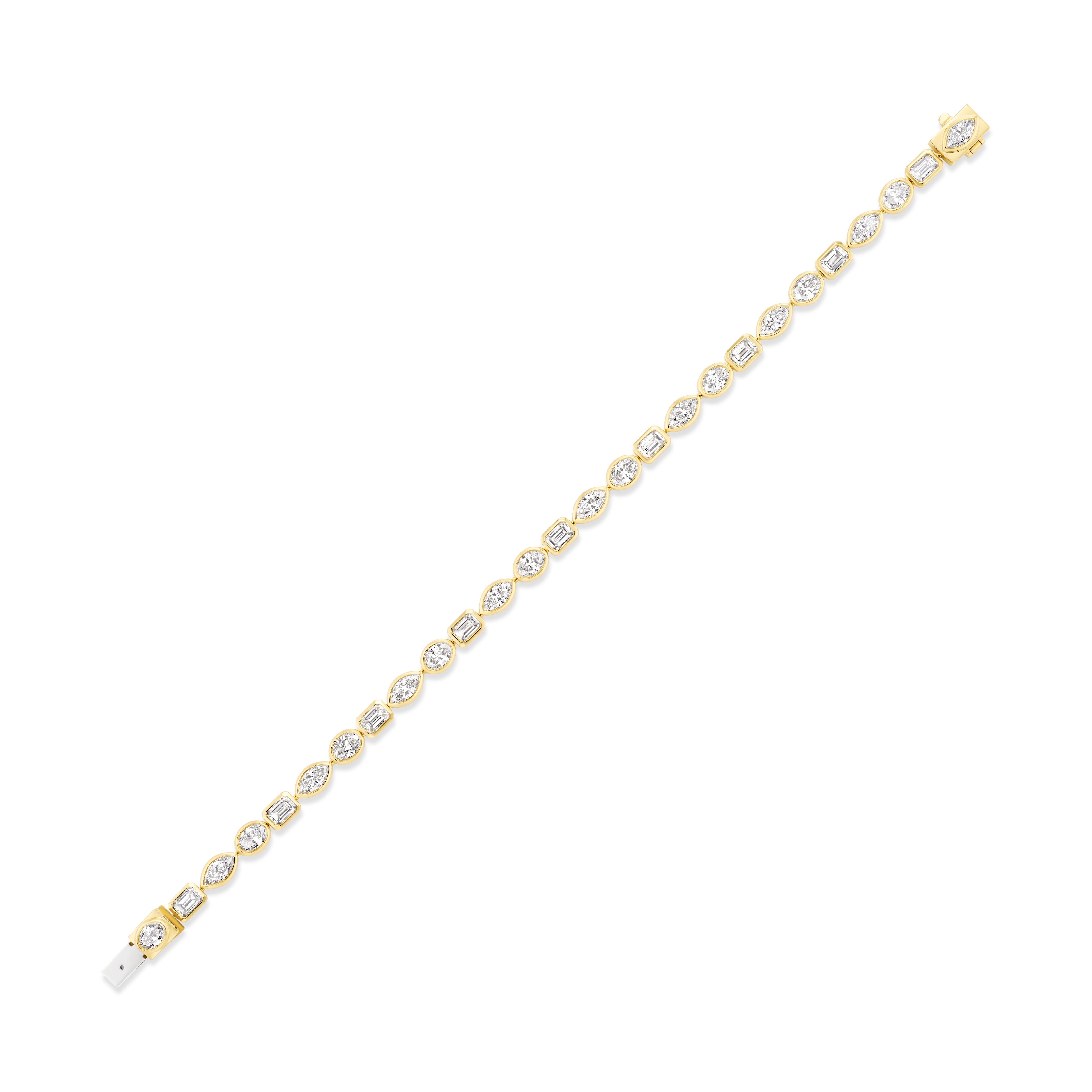 The East-West Bezel Set Mixed Shape Diamond Tennis Bracelet in Yellow Gold features bezel-set diamonds of various shapes in a single row, secured with a clasp, and is elegantly displayed on a white background.