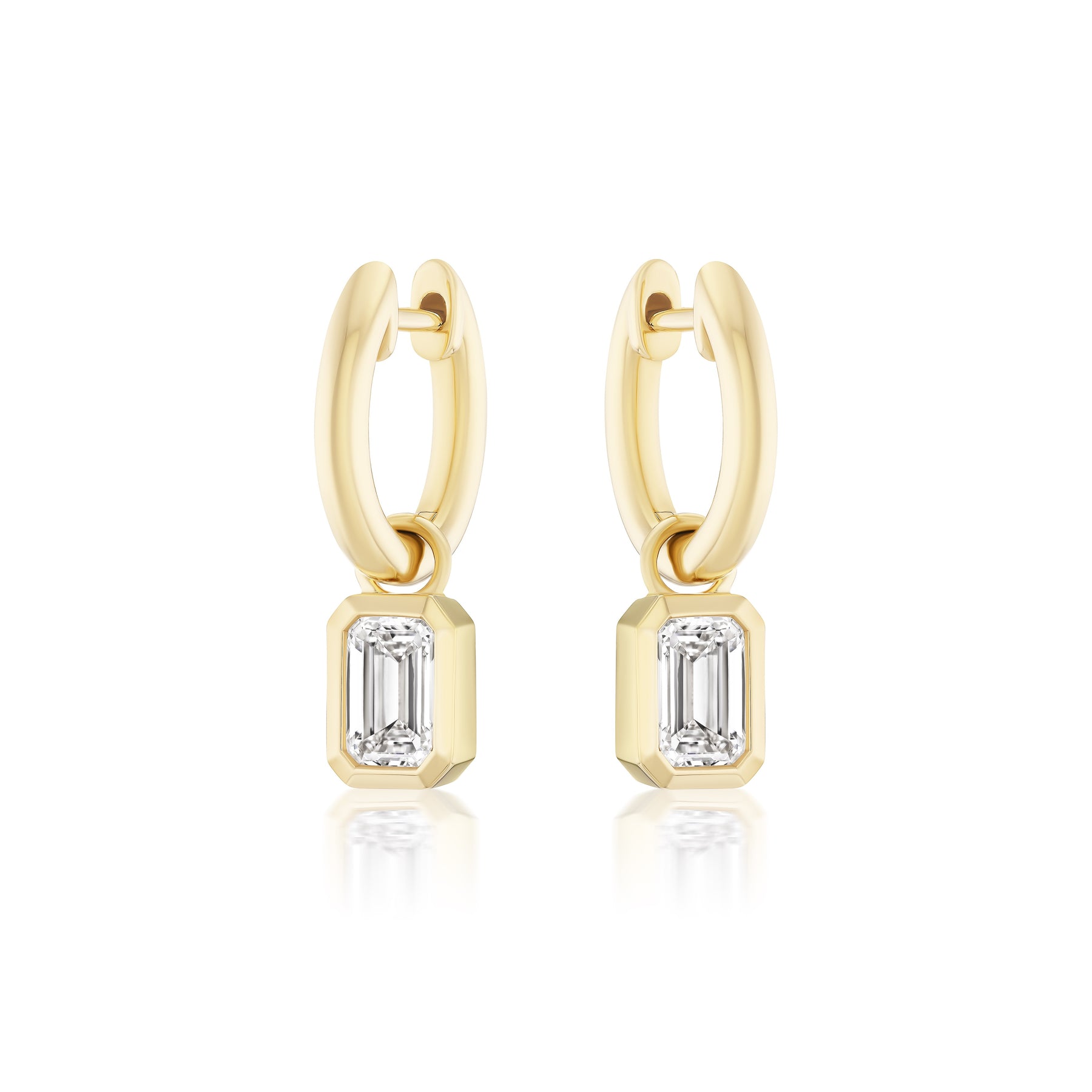 Huggies with Bezel Set Emerald Cut Diamond Charms in Yellow Gold