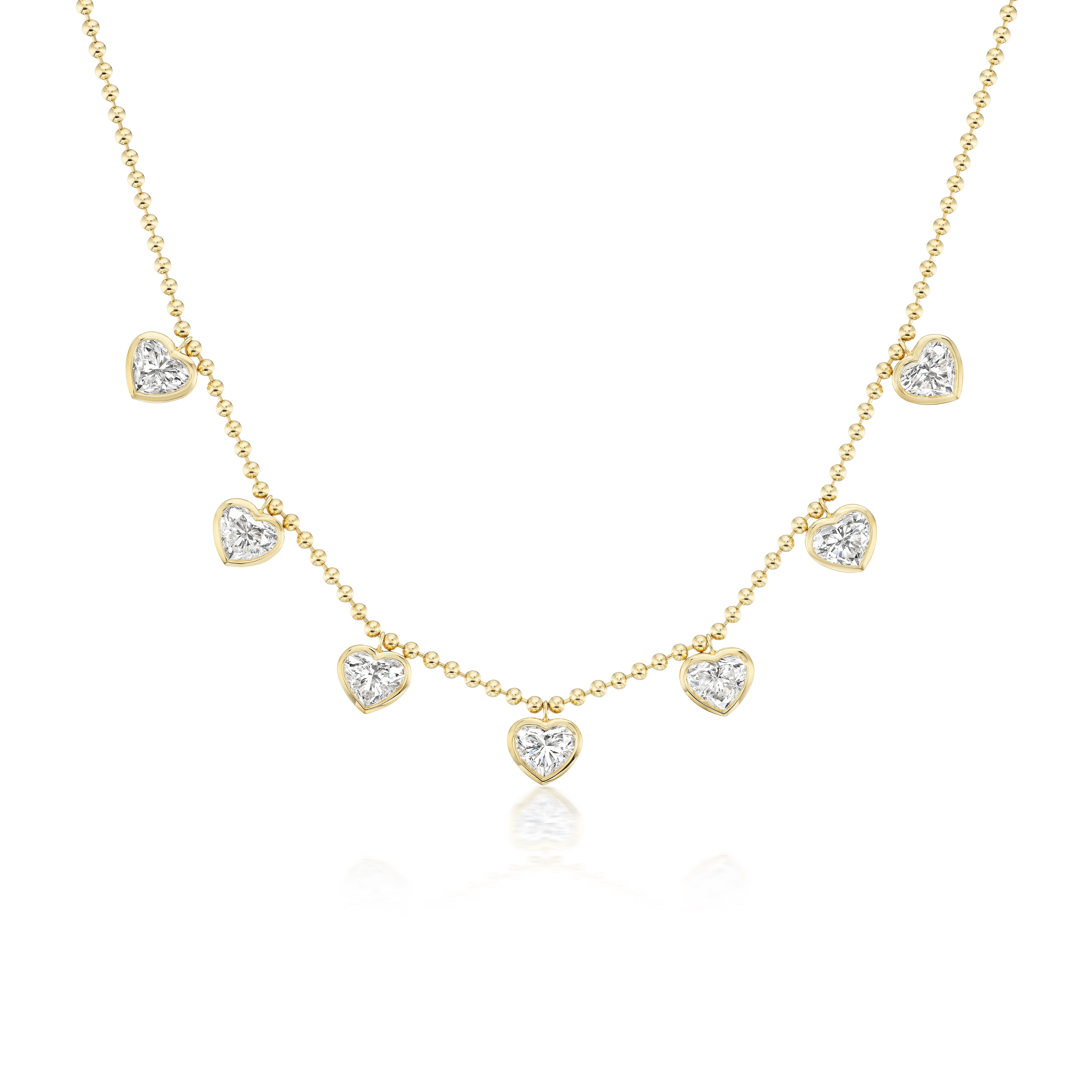 Bezel Set Heart Shape Diamond Station Necklace with Ball Chain in Yell