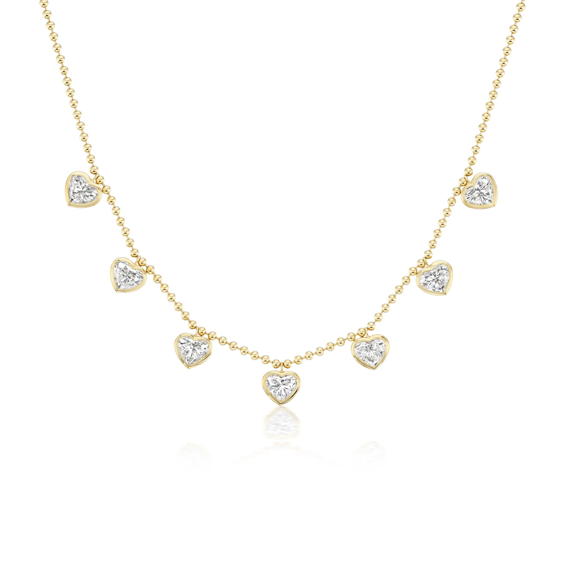 Bezel Set Heart Shape Diamond Station Necklace with Ball Chain in Yellow Gold