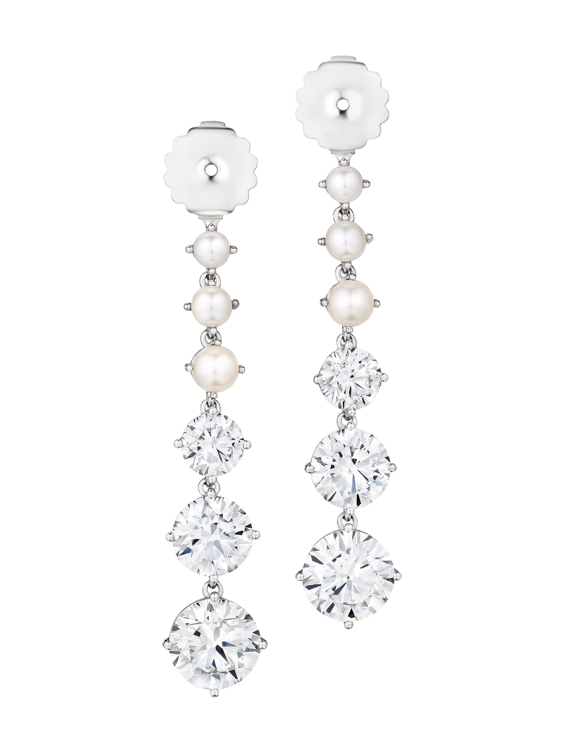 Bespoke Graduated Drop Ear Jackets in White Gold with Pearls and Round Brilliant Diamonds