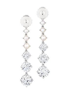 Bespoke Graduated Drop Ear Jackets in White Gold with Pearls and Round Brilliant Diamonds