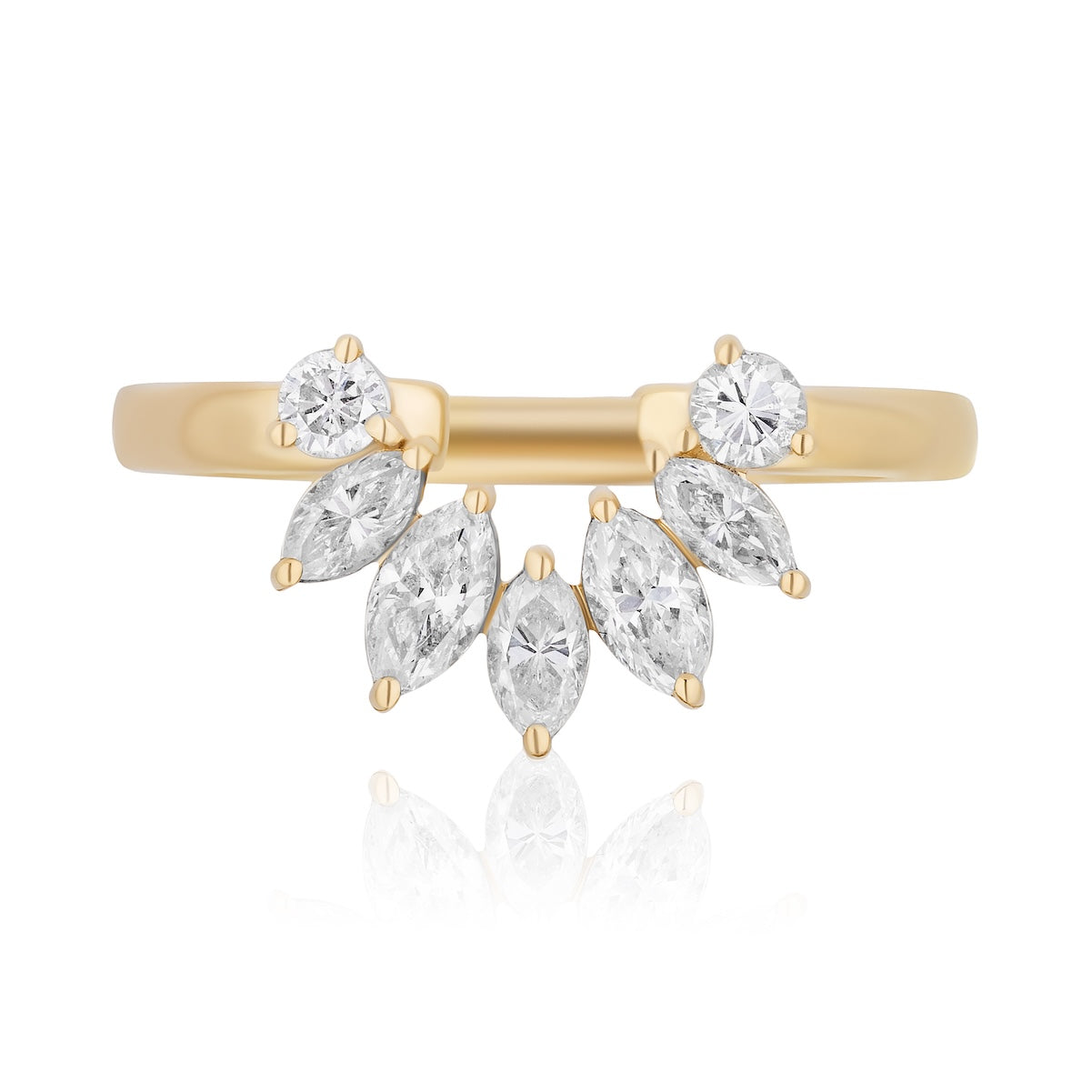 The Bespoke Marquise and Round Diamond Ring Jacket in Yellow Gold features two round diamonds atop five marquise-cut diamonds in a fan shape, offering an elegant, modern design.