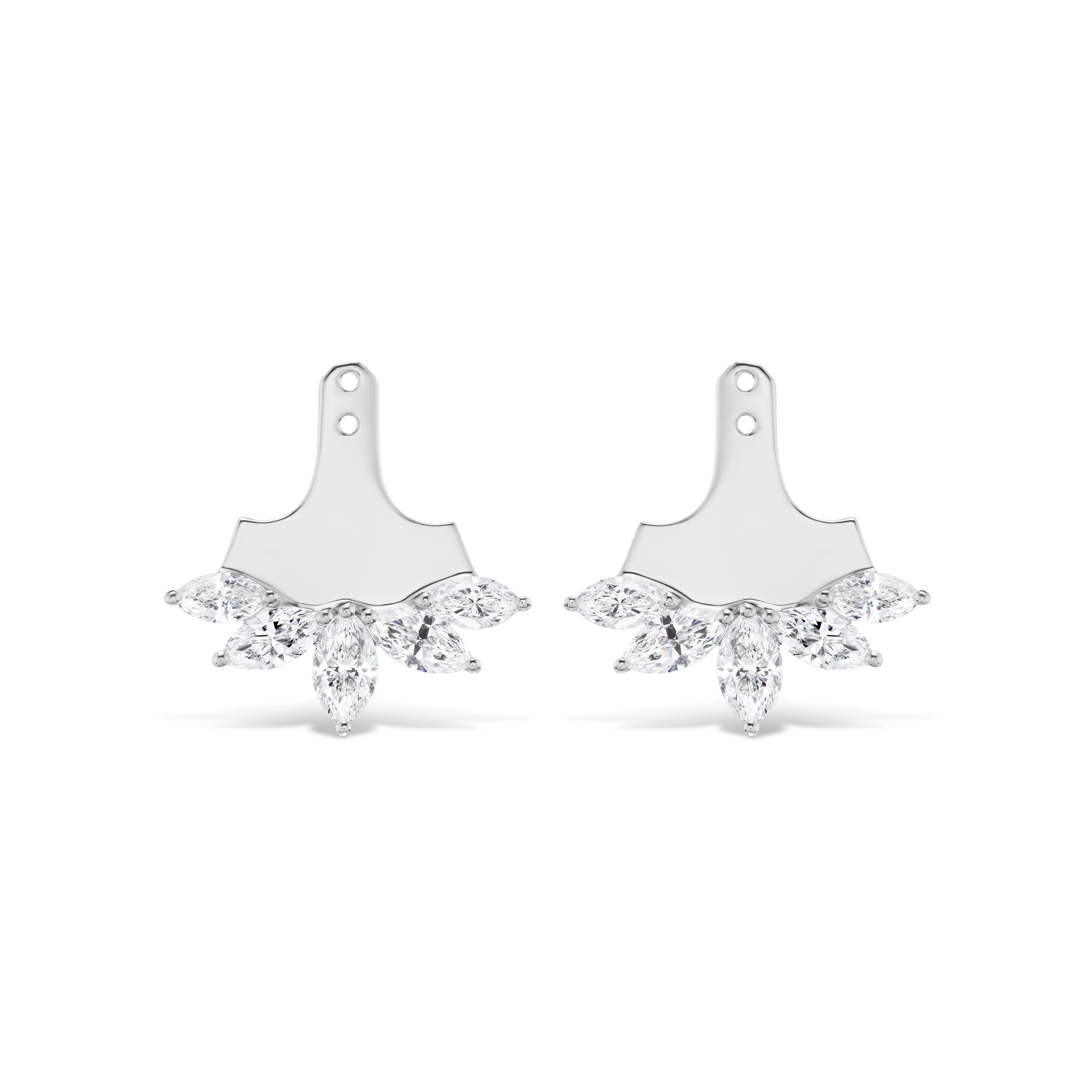 Marquise Diamond Ear Jackets in White Gold feature a curved design with five clear, marquise diamonds in a fan shape along the lower edge of each earring.