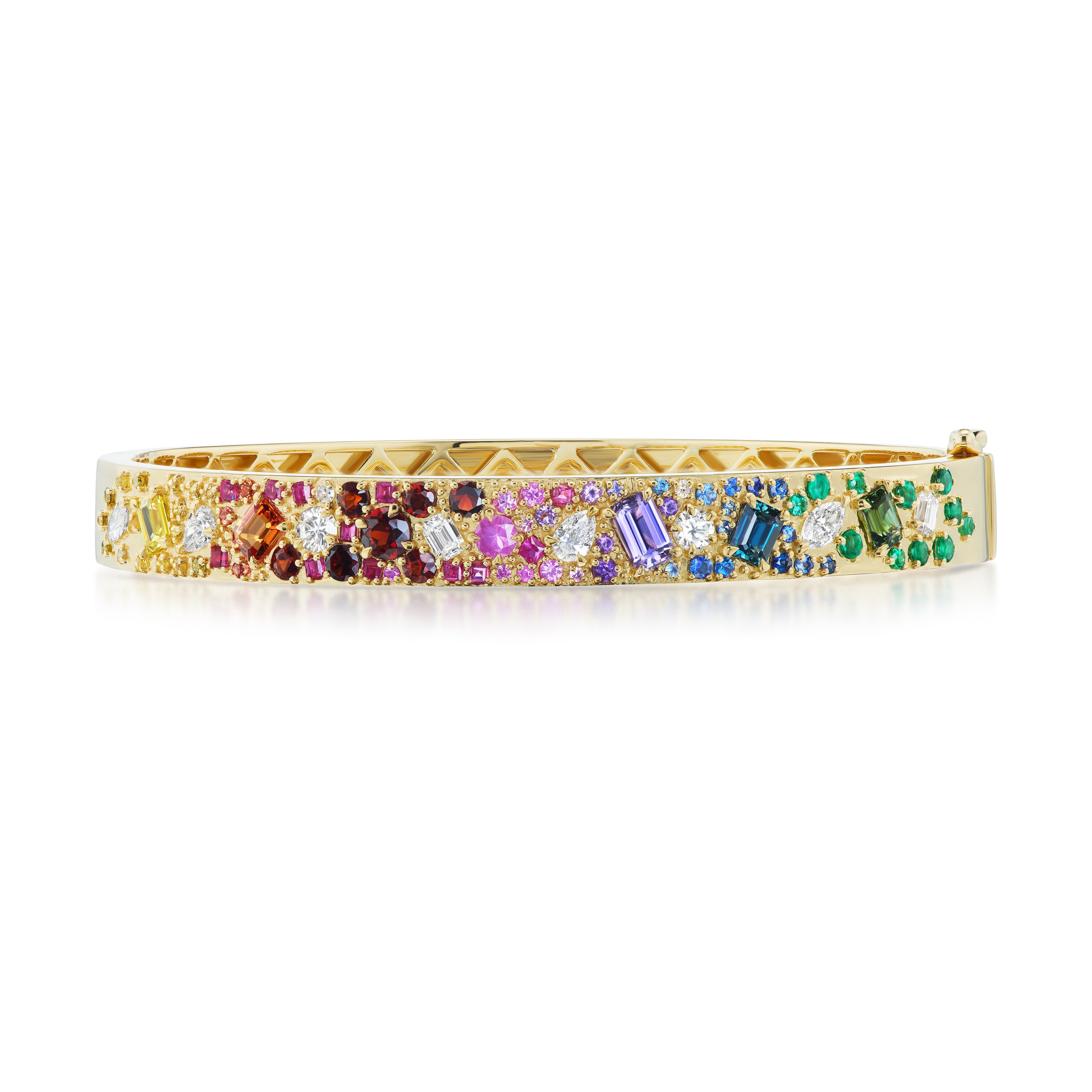 The Mixed Shape Rainbow Sapphire and Diamond Bangle in Yellow Gold showcases sapphires in vibrant rainbow hues, set in a gradient pattern across 18K yellow gold.