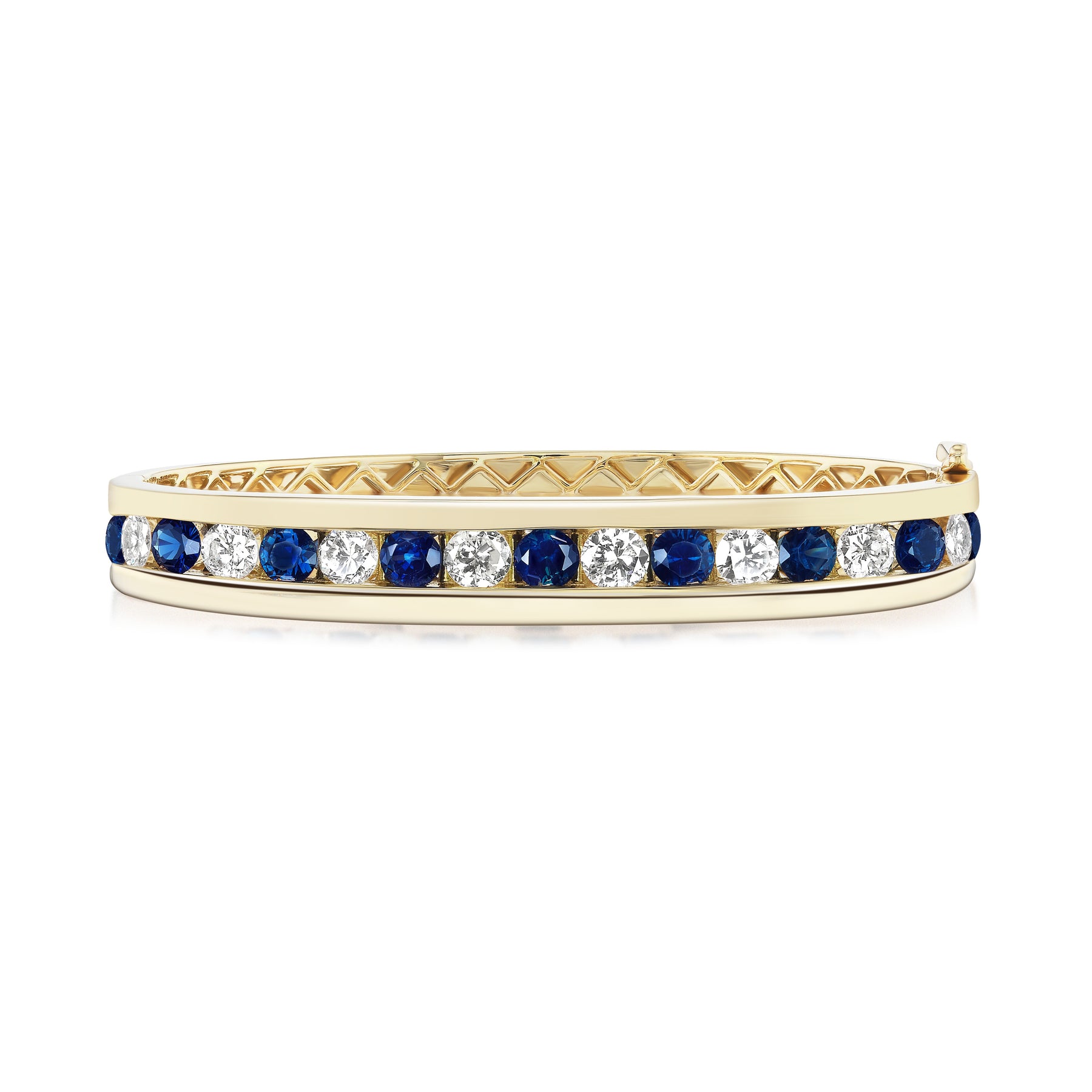 Channel Set Alternating Round Diamond and Sapphire Bangle in Yellow Gold