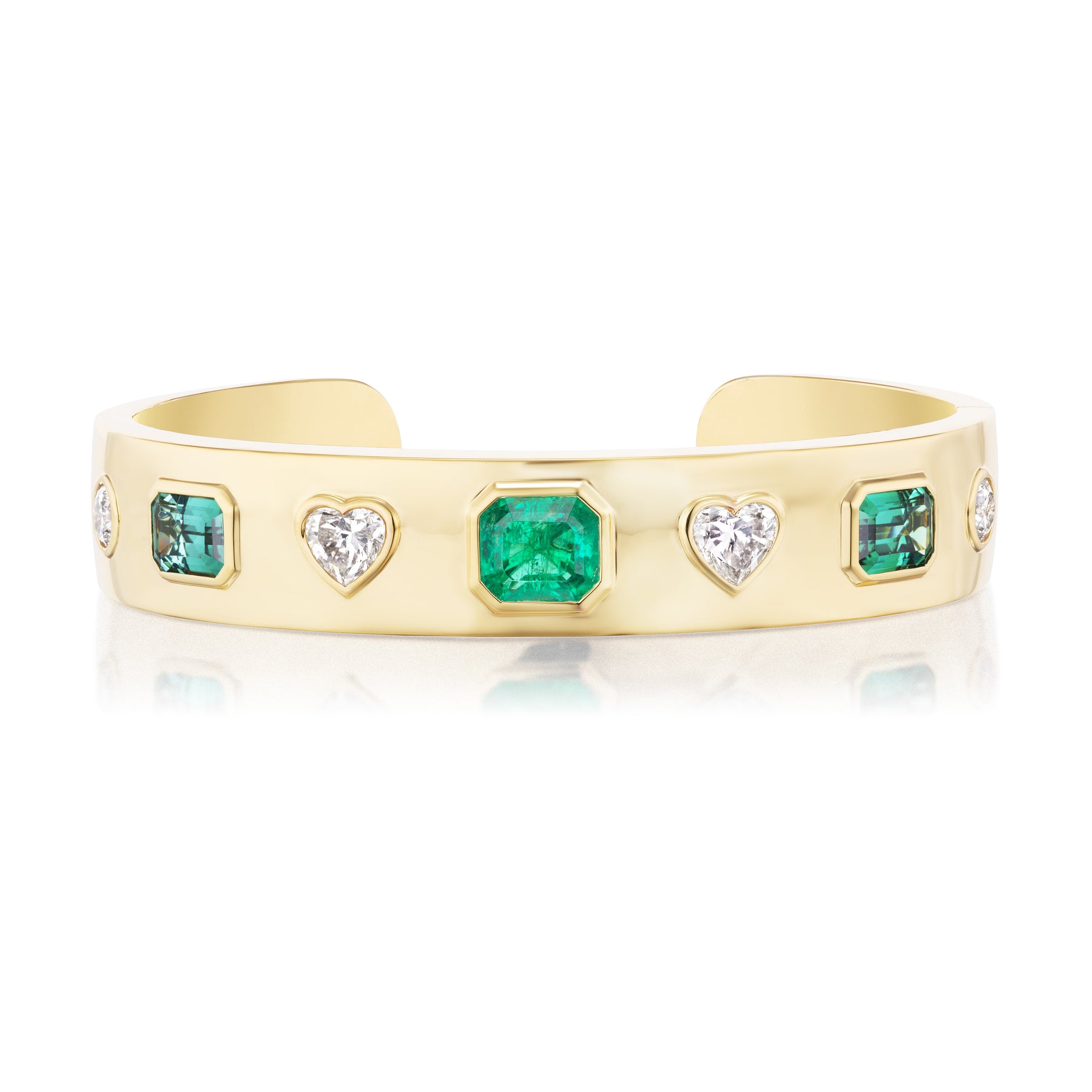 Bezel Set Mixed Shape Diamond and Emerald Bangle in Yellow Gold