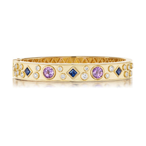 Burnished Multicolor, Mixed Shape, Diamond and Sapphire Bangle in Yellow Gold