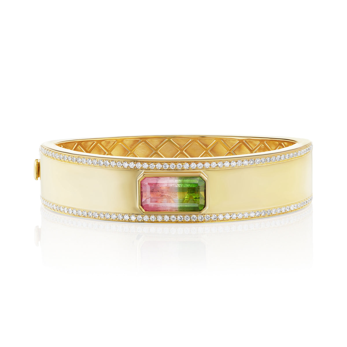 East-West Emerald Cut Watermelon Tourmaline Gold Cuff with Diamond Pavé in Yellow Gold