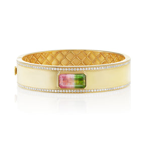 East-West Emerald Cut Watermelon Tourmaline Gold Cuff with Diamond Pavé in Yellow Gold