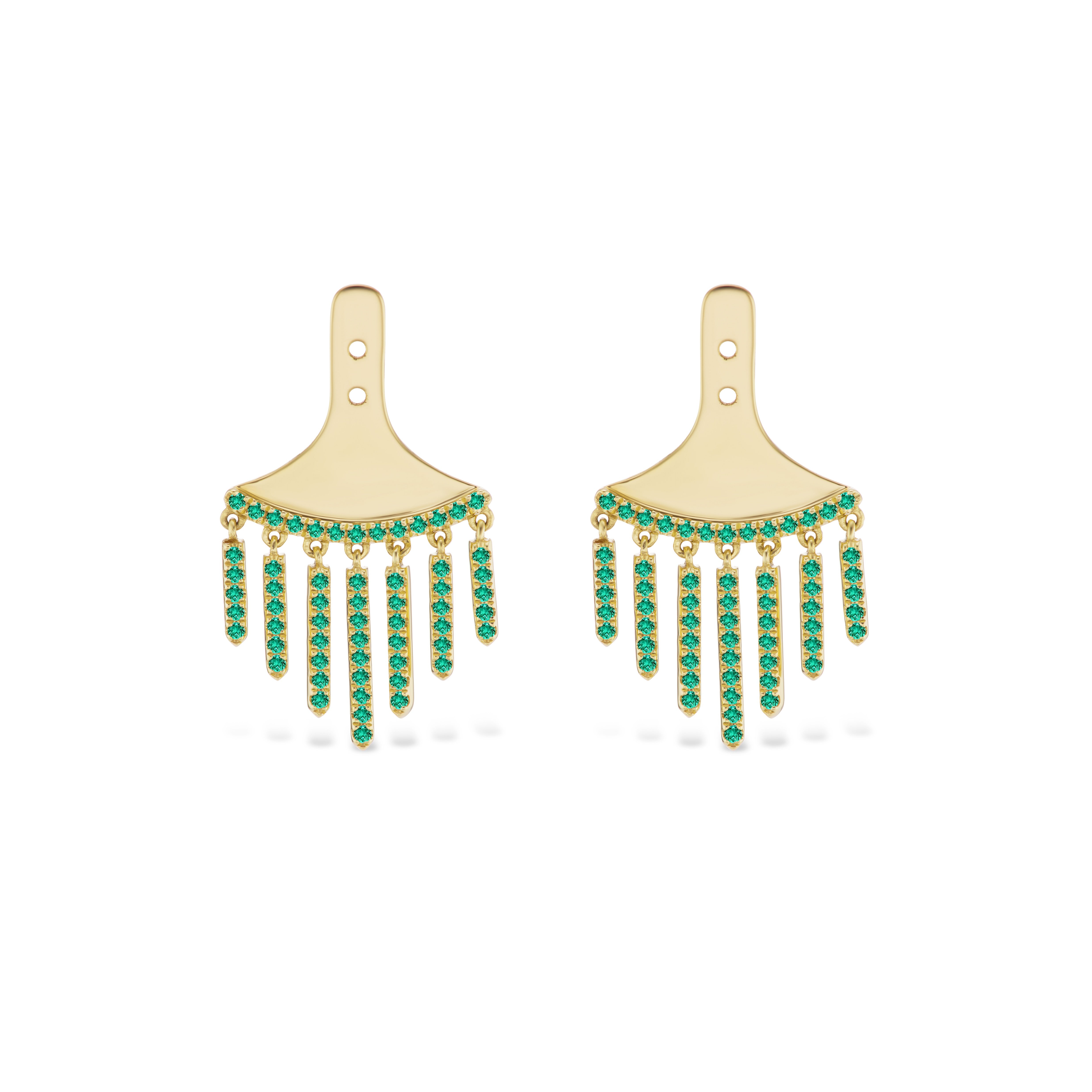 Chandelier Ear Jackets with Round Emeralds in Yellow Gold, featuring a fan-like design and multiple vertical rows of small round emeralds dangling from the bottom edge.