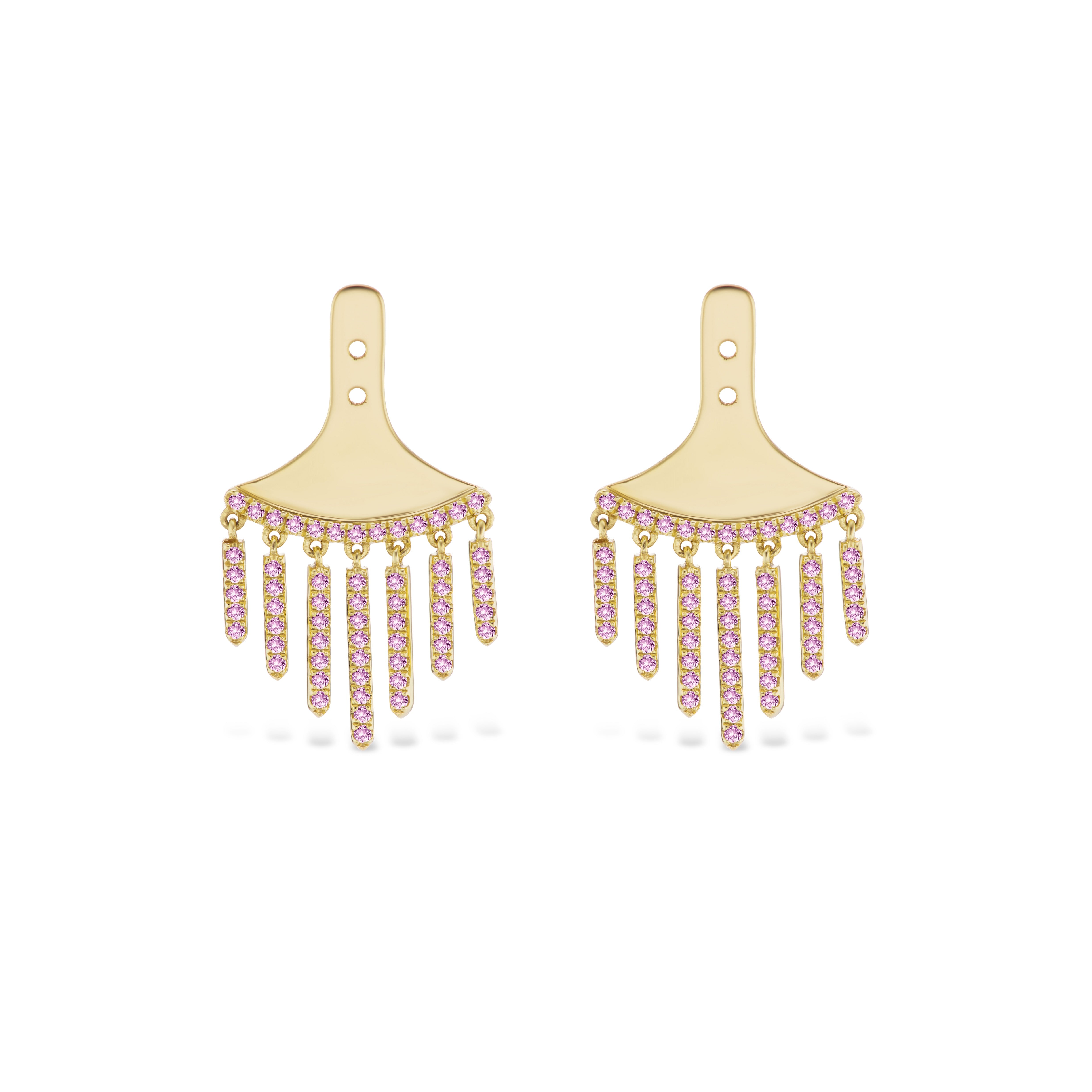 Chandelier Ear Jackets with Pink Sapphires in 18K yellow gold feature a fan-shaped base and hanging vertical bars, showcased on a white background.