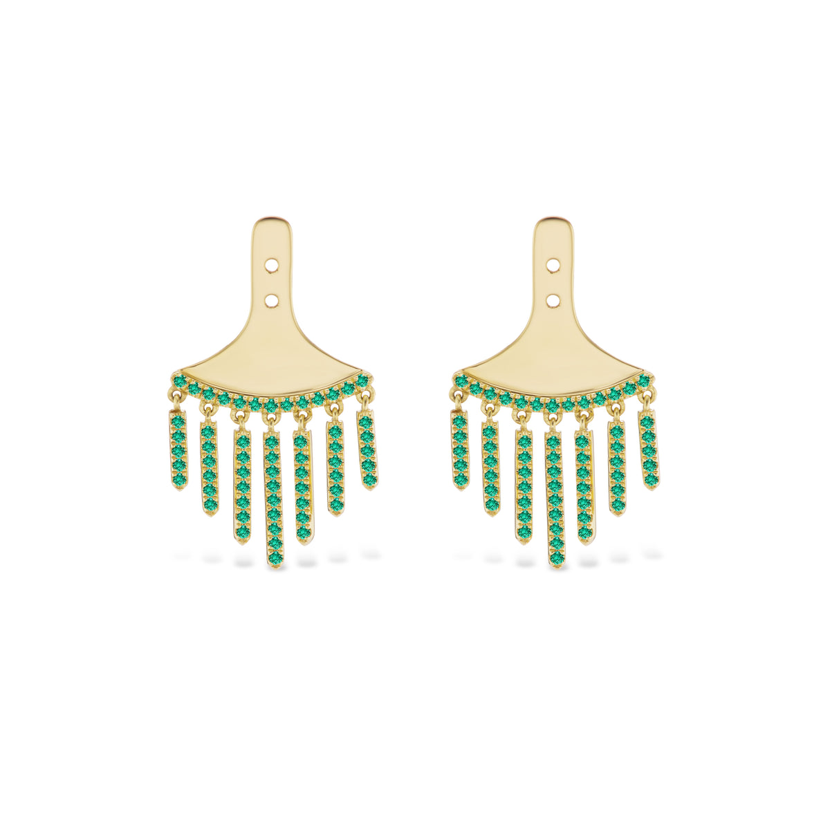 Chandelier Ear Jackets with Round Emeralds in Yellow Gold