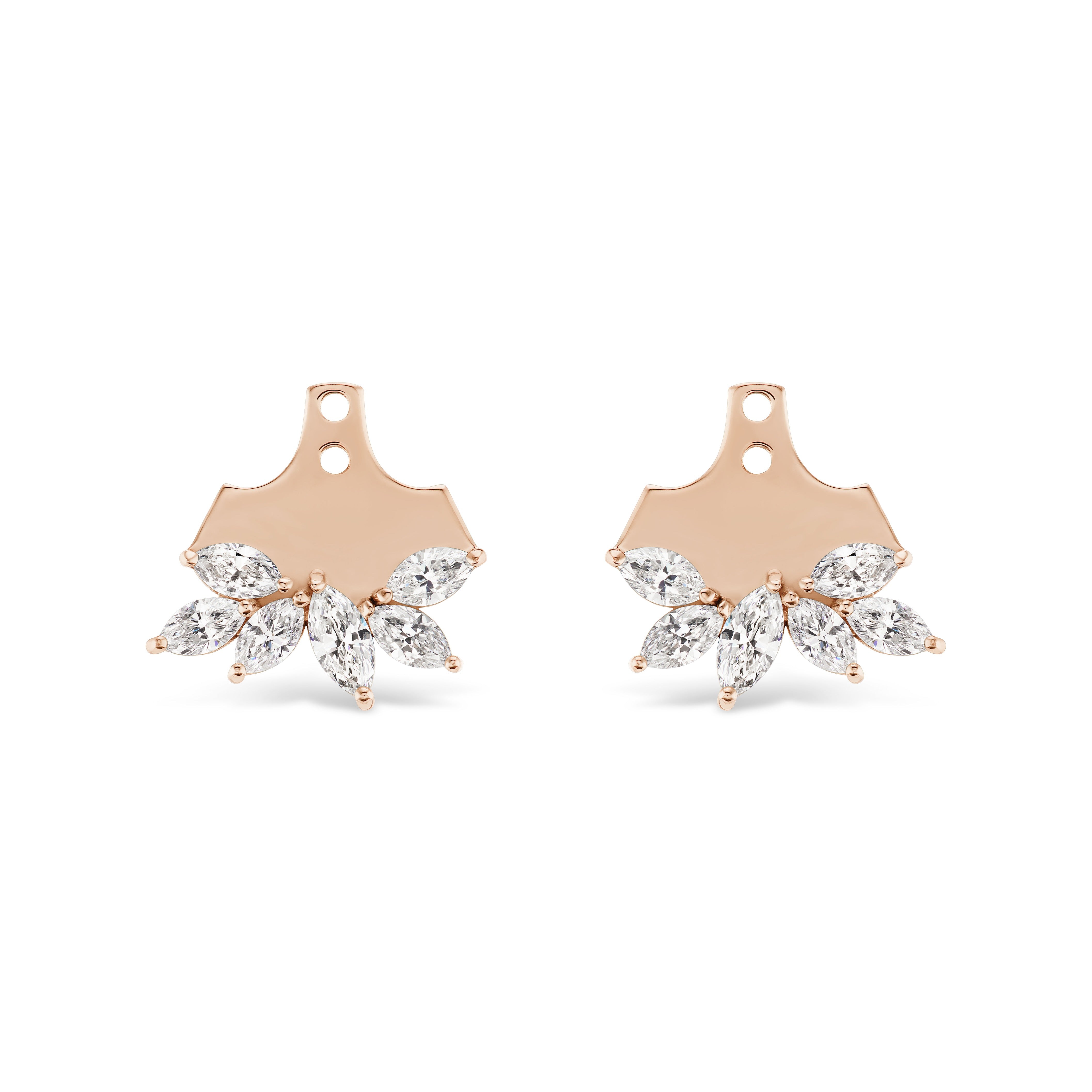 The Marquise Diamond Cluster Ear Jackets in Rose Gold feature a fan-inspired design with five marquise diamonds gracefully arranged in a curved cluster at the bottom of each earring.