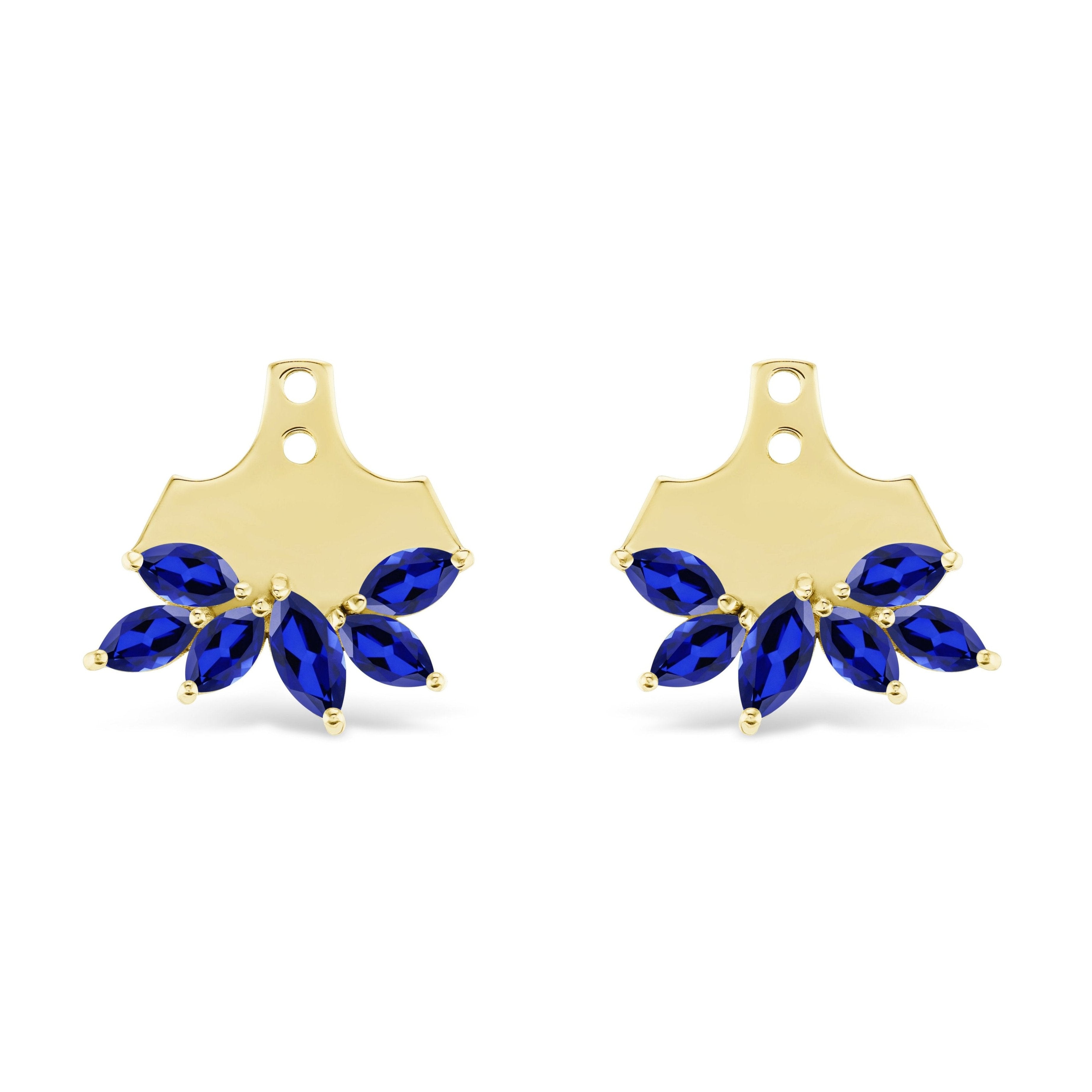 Cluster Ear Jackets with Blue Marquise Sapphires in Yellow Gold feature a flat top and five marquise-shaped sapphires in a fan design at the bottom of each earring.