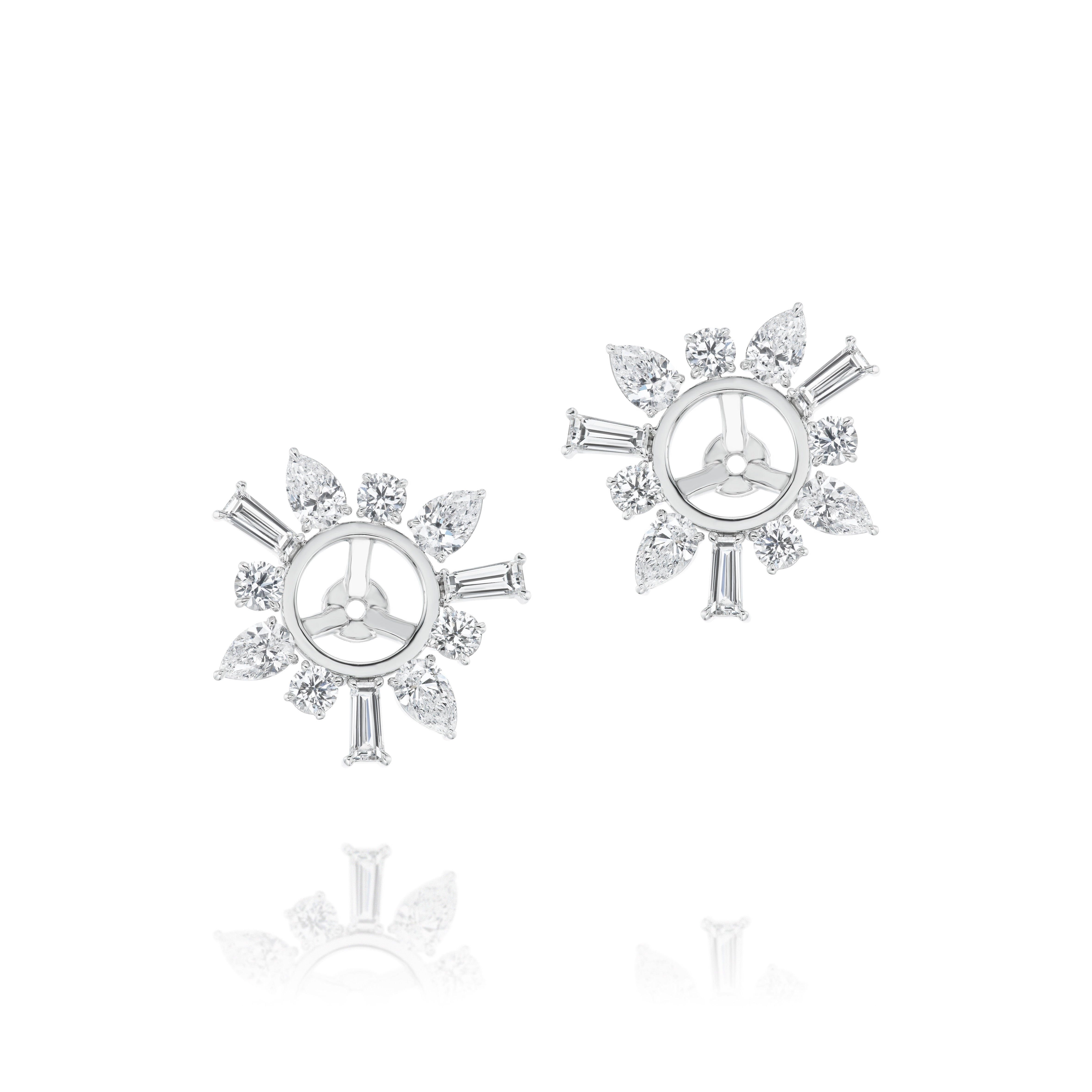 The Bespoke Mixed Shape Diamond Ear Jacket in White Gold features sunburst round settings with alternating marquise, round, and baguette diamonds radiating outward. The empty centers are ready to hold your choice of luxury stones.