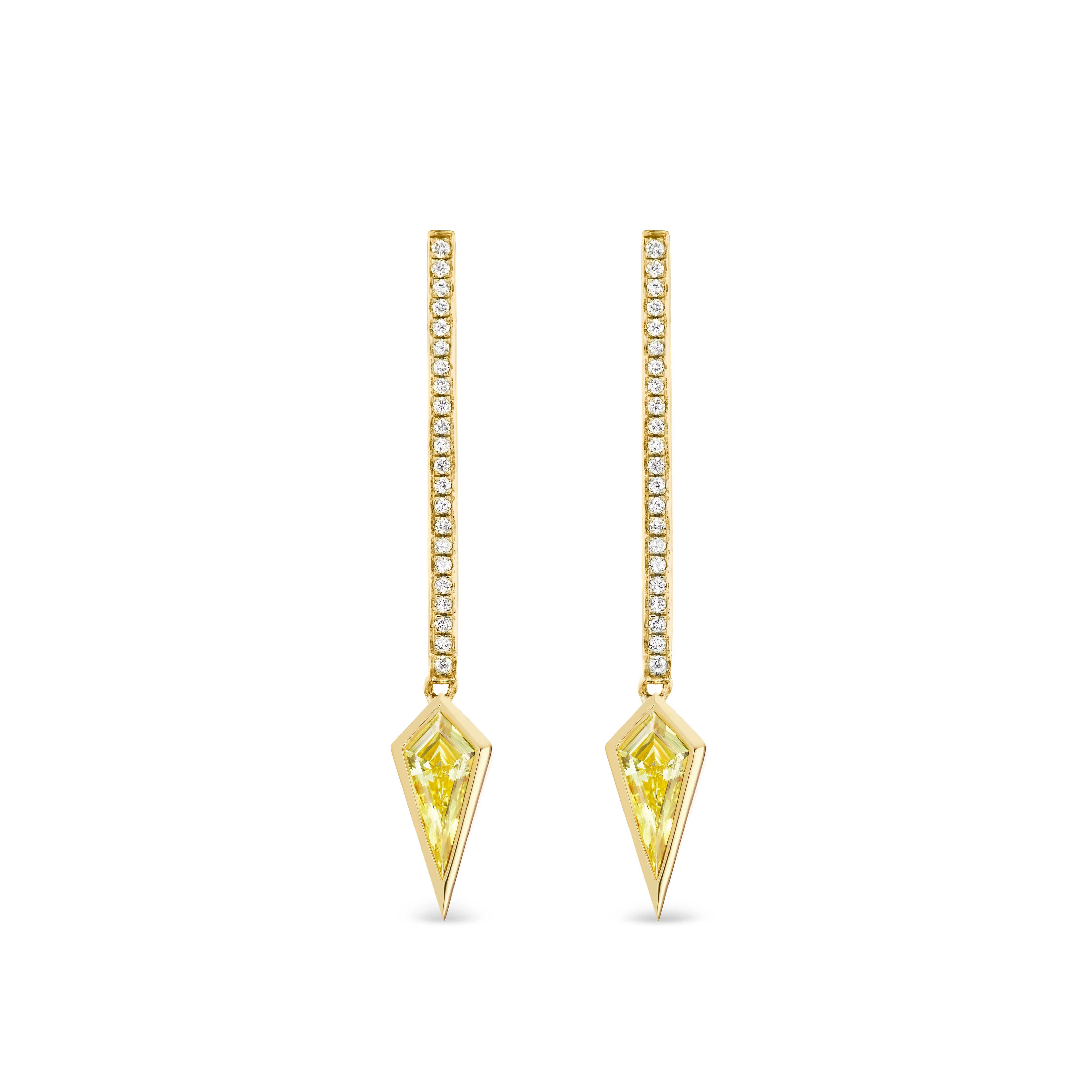 The Diamond Pavé Bar Drop Earrings in Yellow Gold feature vertical 18K gold bars with white diamond pavé and kite-shaped yellow diamonds set in pointed gold settings.