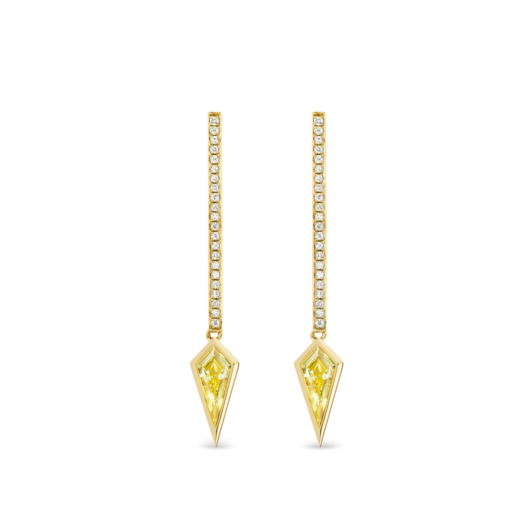 Diamond Pavé Bar Drop Earrings in Yellow Gold with Kite Shape Yellow Diamonds