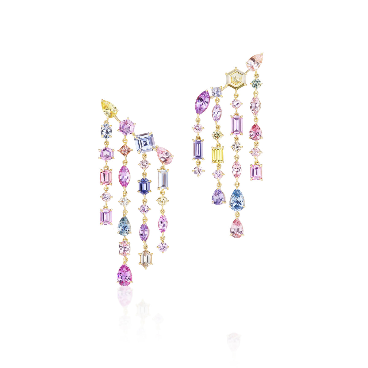 Multicolor Waterfall Earrings with Mixed Shape Sapphires and Diamonds
