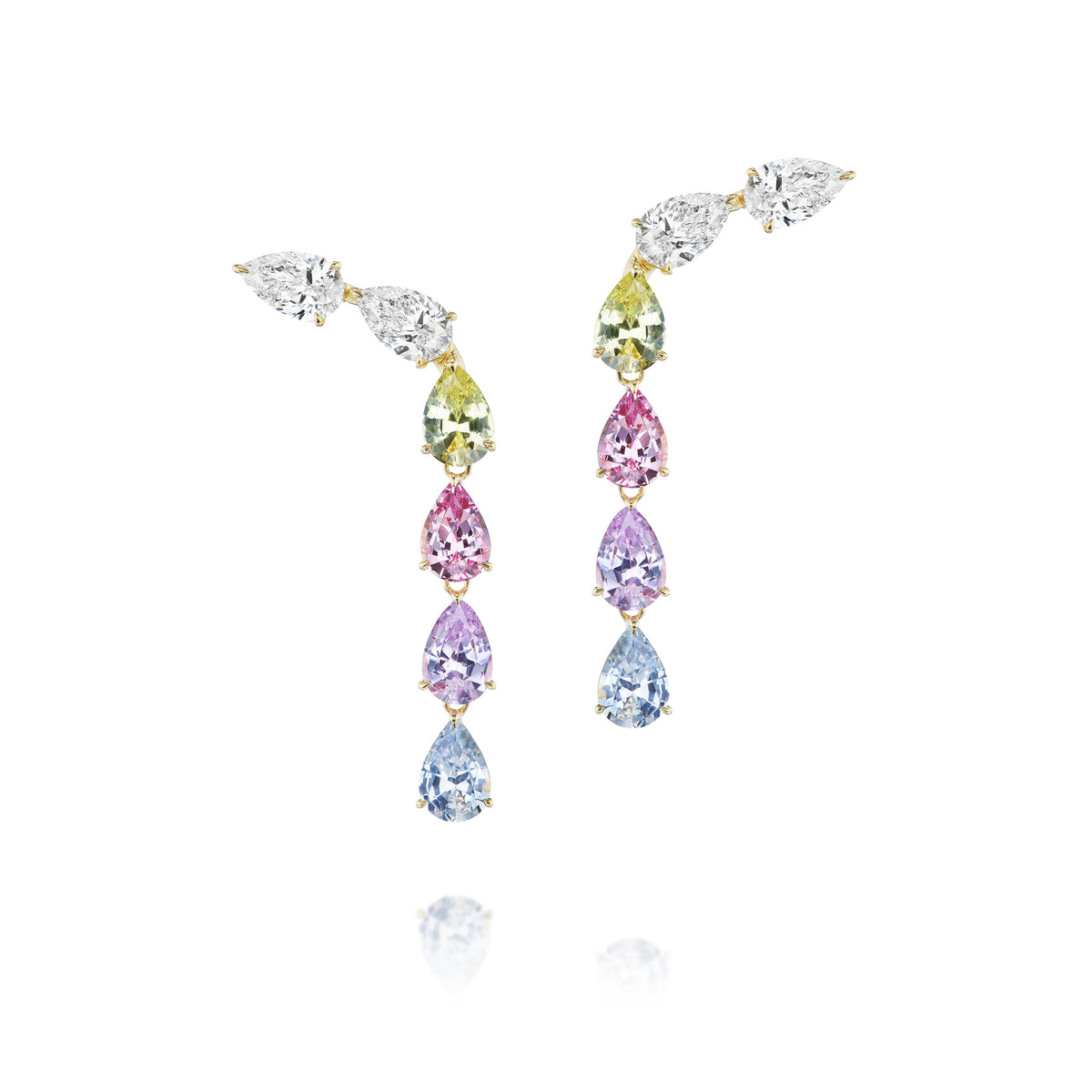 Multicolor Waterfall Earrings with Pear Shape Diamonds and Sapphires
