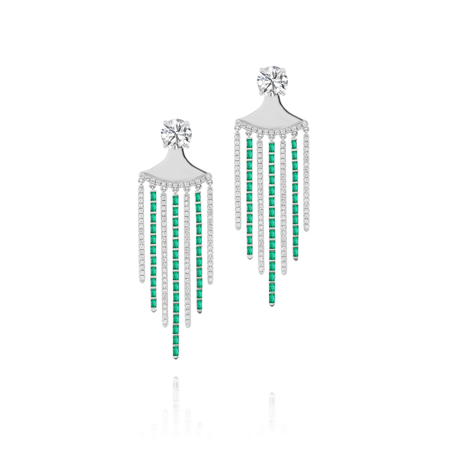 Raining Diamond and Emerald Ear Jackets in White gold