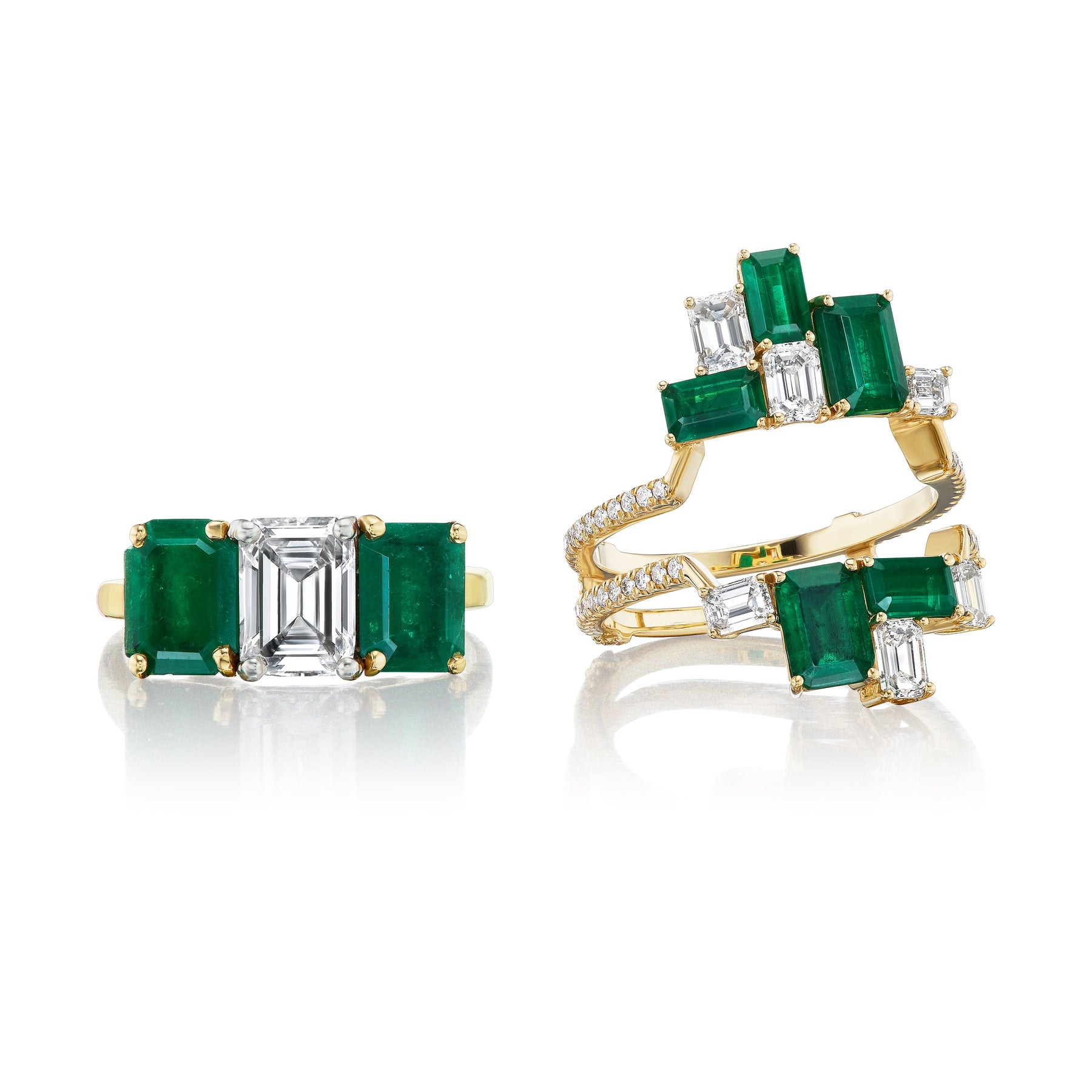 Bespoke Geometric Emerald Cut Emerald and Diamond Ring Jacket in Yellow Gold with Pavé Band