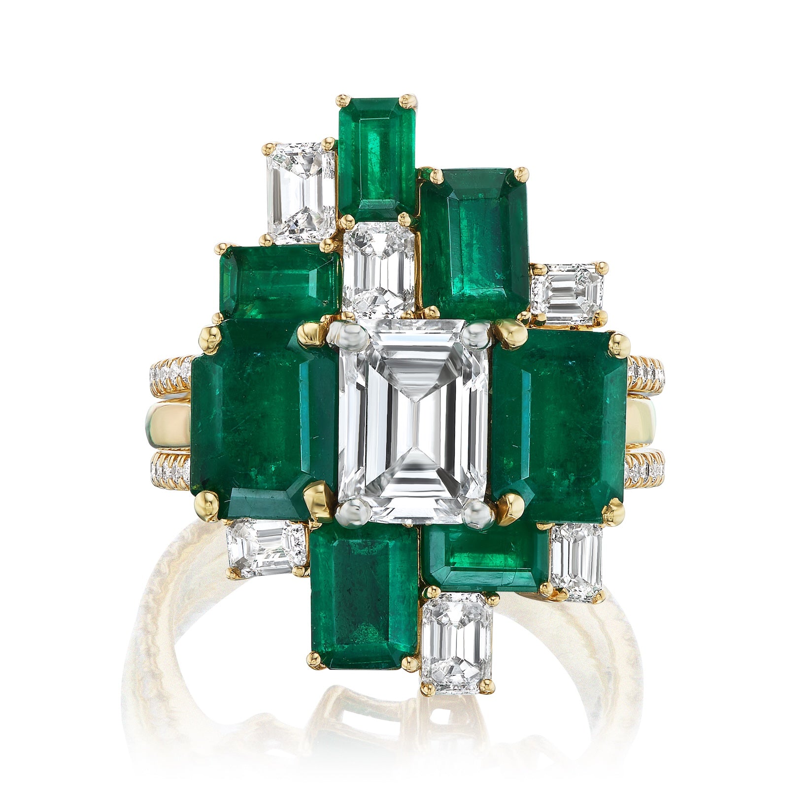 The Bespoke Geometric Emerald Cut Emerald and Diamond Ring Jacket in Yellow Gold features a central emerald-cut diamond, green emeralds, and pavé-set diamonds on the band for added brilliance.