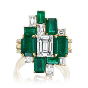 Bespoke Geometric Emerald Cut Emerald and Diamond Ring Jacket in Yellow Gold with Pavé Band