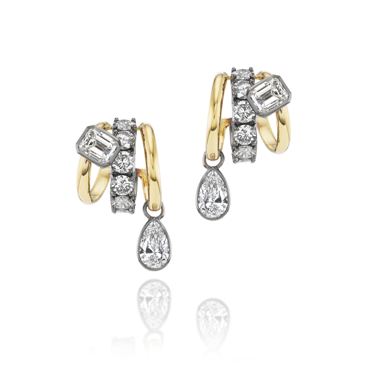 Huggie Earrings in Yellow Gold and Black Plated Yellow Gold with Round, Emerald Cut, and Pear Shape Diamonds