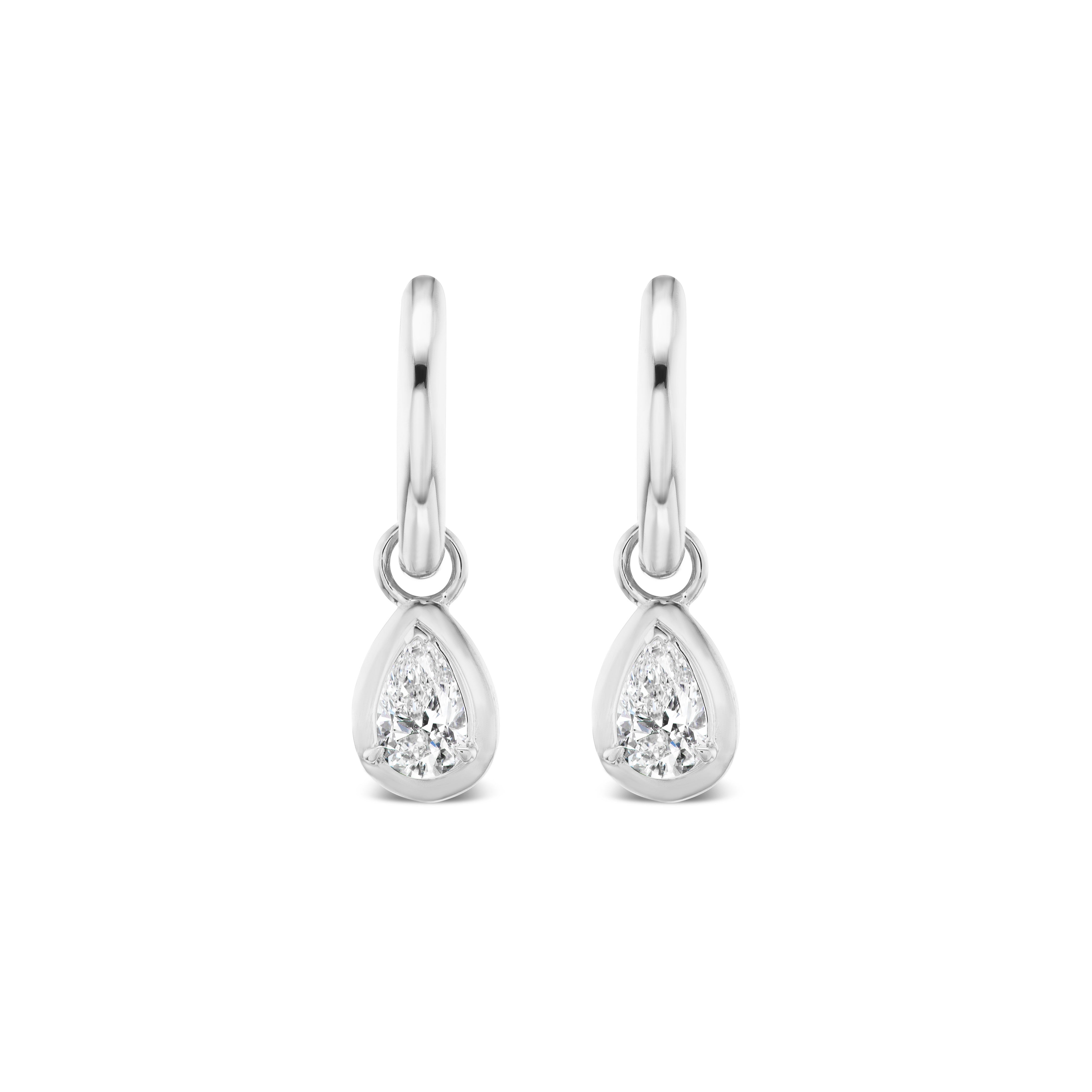 Bezel Set Pear Shape Diamond Drop Earrings in White Gold, each featuring a teardrop diamond charm suspended from a hoop, shown against a plain white background.