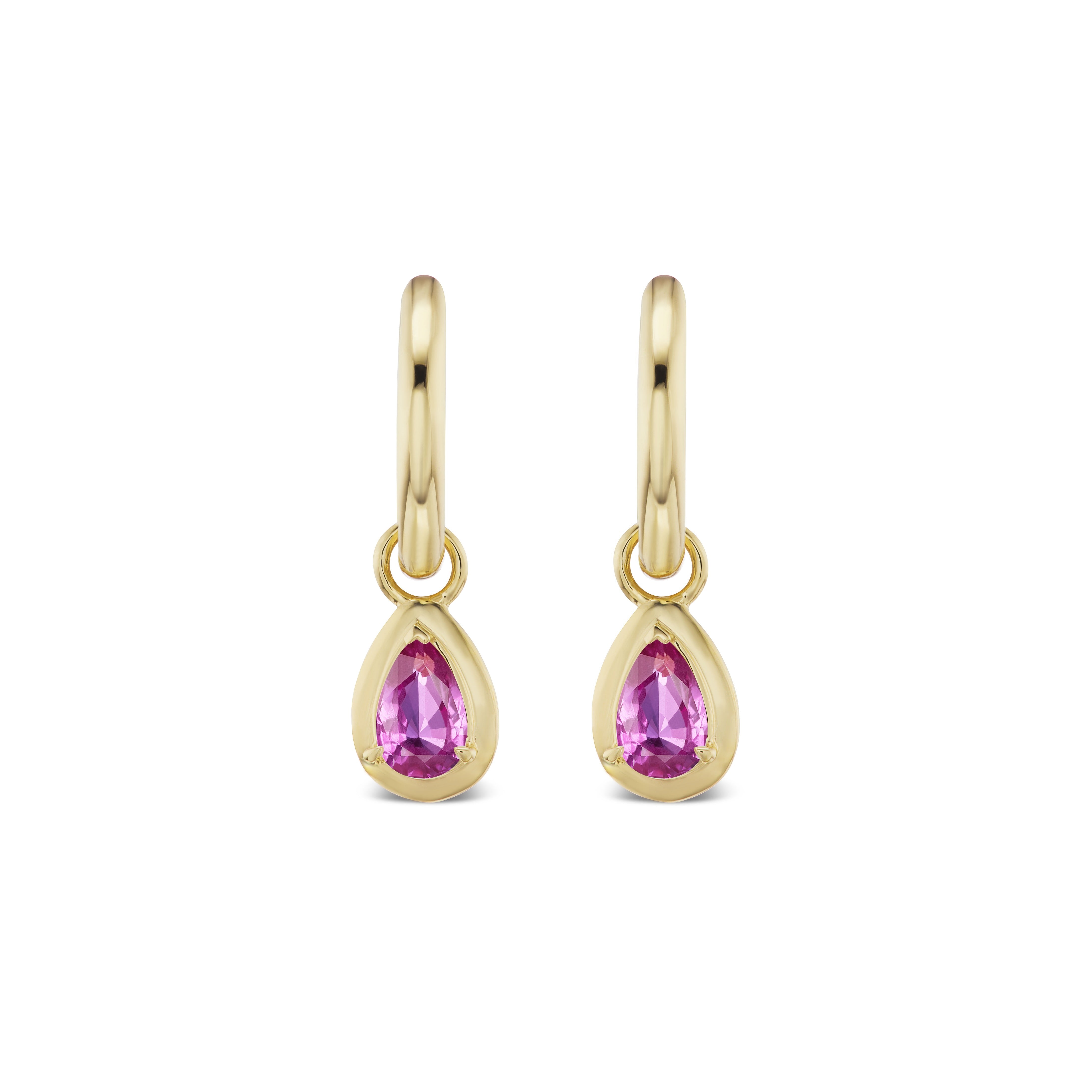 Bezel Set Pear Shape Hot Pink Sapphire Hoops in Yellow Gold, featuring 18K gold hoops each with a teardrop-shaped hot pink sapphire, shown against a white background.