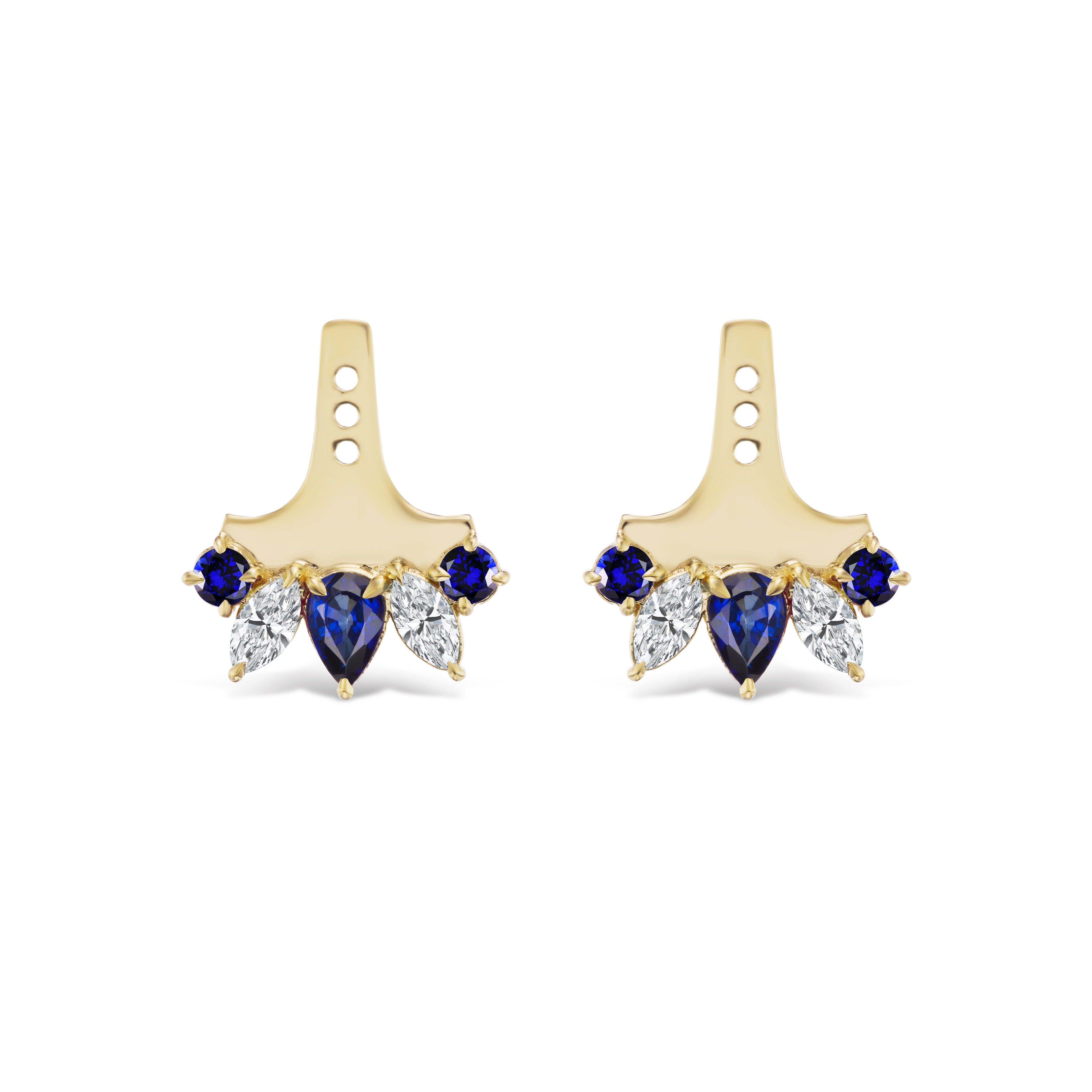 The Mixed Shape Sapphire and Diamond Ear Jackets in Yellow Gold feature teardrop blue sapphires, marquise diamonds, round blue and clear stones, and adjustable top holes for a custom fit.