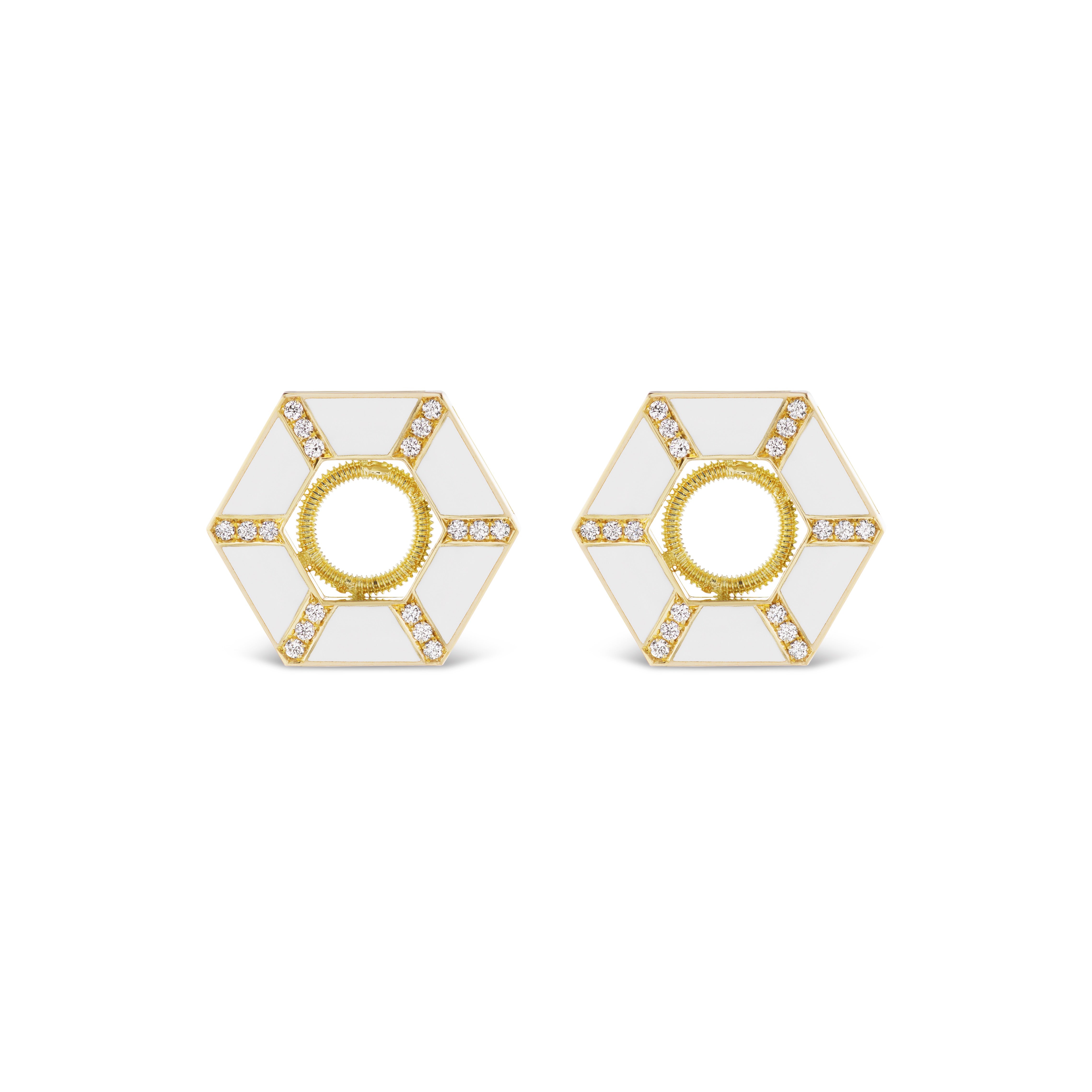 Hexagon Trapezoid Ceramic Pavé Ear Jackets in 18K yellow gold with white enamel sections and diamond pavé accents, featuring a circular center and geometric design, displayed on a white background.